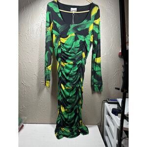 GANNI Ruched Tropical Print Green‎ Black Yellow Stretch-Mesh Midi Dress Size 6